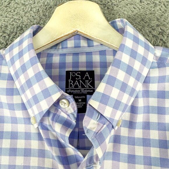Jos A Bank Shirt Men Medium Blue Purple Plaid Tailored Wrinkle Free Signature‎ - Picture 4 of 13